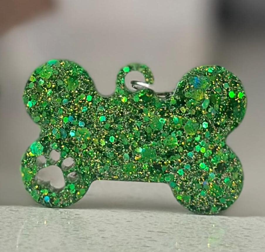 Custom Glitter Dog Bone ID Tag – Sparkly Green Pet Name Tag with Paw Cutout