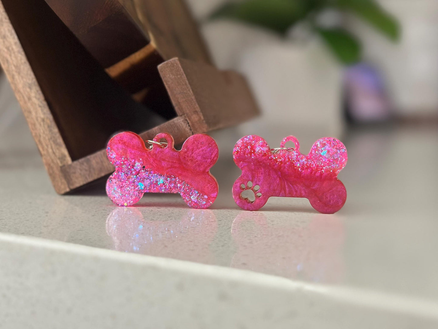 Custom Pink Iridescent Resin Dog Bone Name Tag - Sparkly Pet ID with Paw Cutout