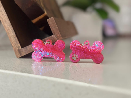 Custom Pink Iridescent Resin Dog Bone Name Tag - Sparkly Pet ID with Paw Cutout