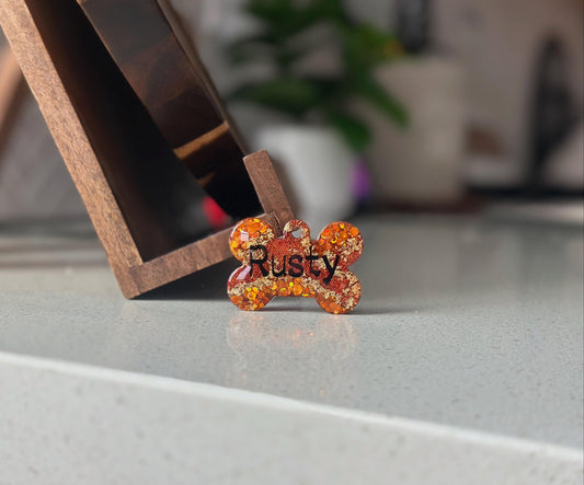 Custom Glitter Dog Bone ID Tag - Sparkly Orange Pet Name Tag - Rusty