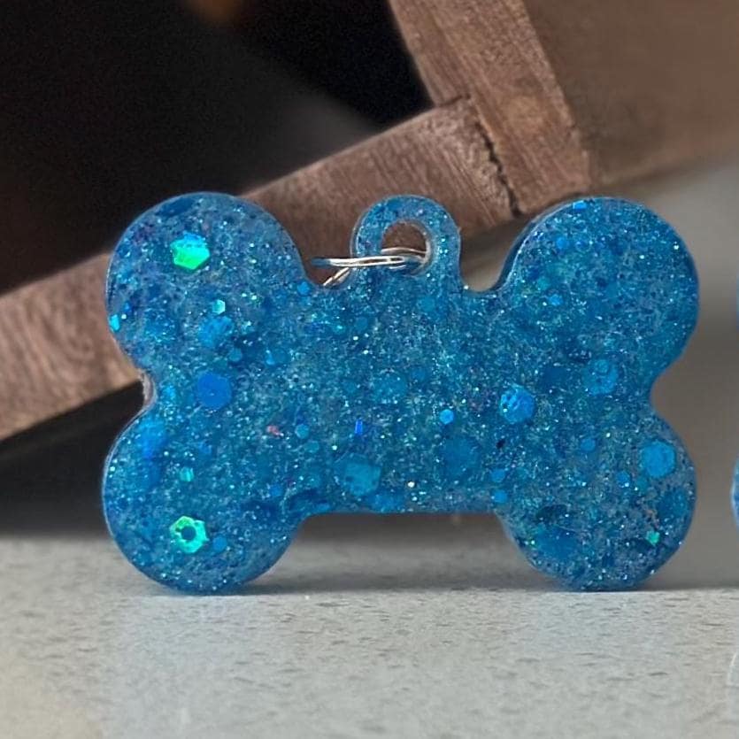 Custom Blue Glitter Resin Dog Bone Name Tag - Sparkly Pet ID with Paw Cutout