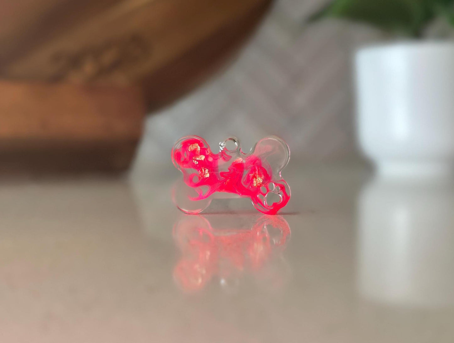 Custom Resin Dog Bone Pet Tag - Pink Swirls & Gold Flakes