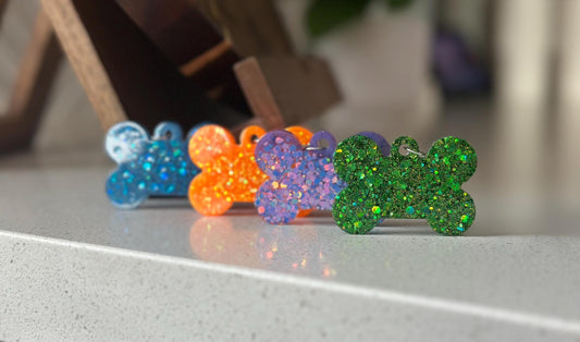 Custom Glitter Resin Dog Bone Name Tag - Sparkly Pet ID