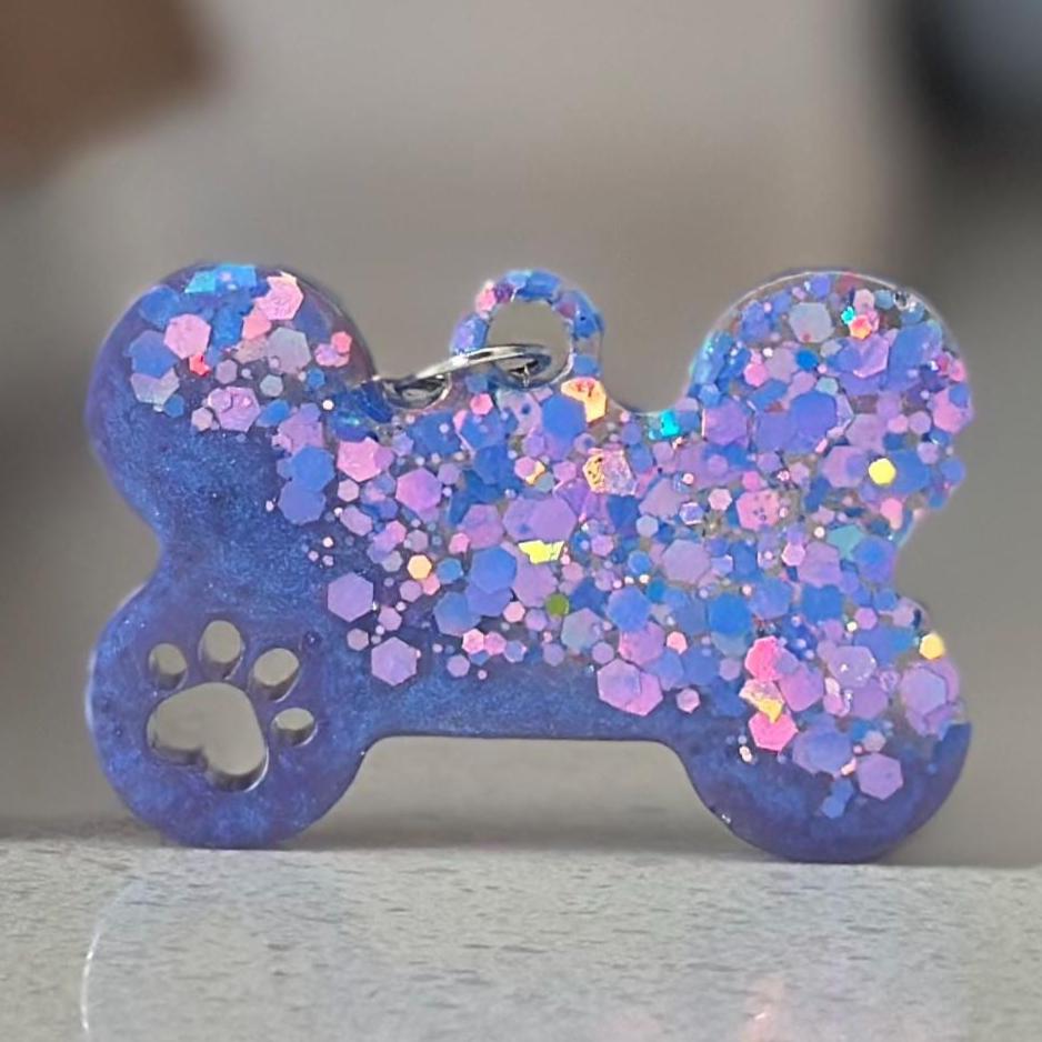 Custom Glitter Dog Bone ID Tag – Sparkly Pet Name Tag with Paw Cutout