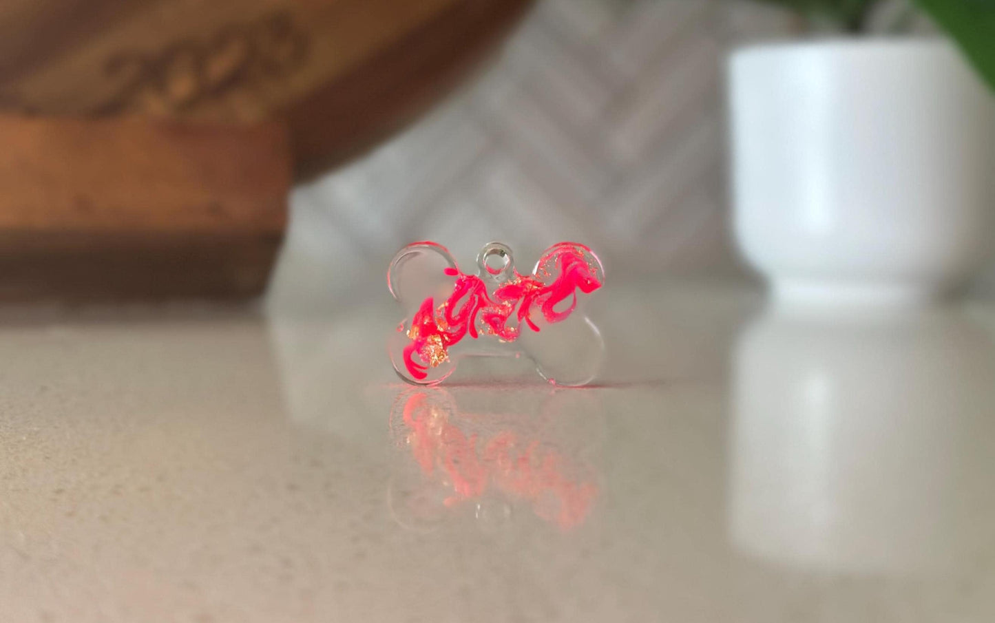 Custom Resin Dog Bone Pet Tag - Pink Swirls & Gold Flakes