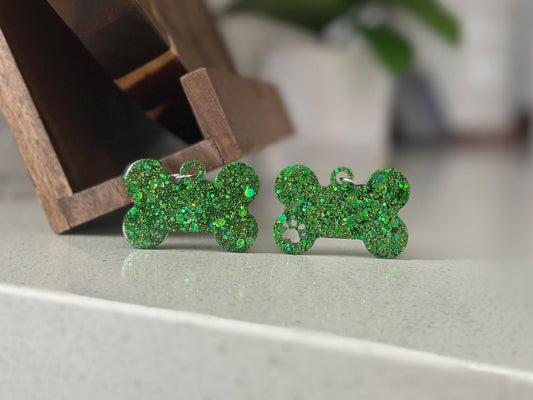 Custom Glitter Dog Bone ID Tag – Sparkly Green Pet Name Tag with Paw Cutout