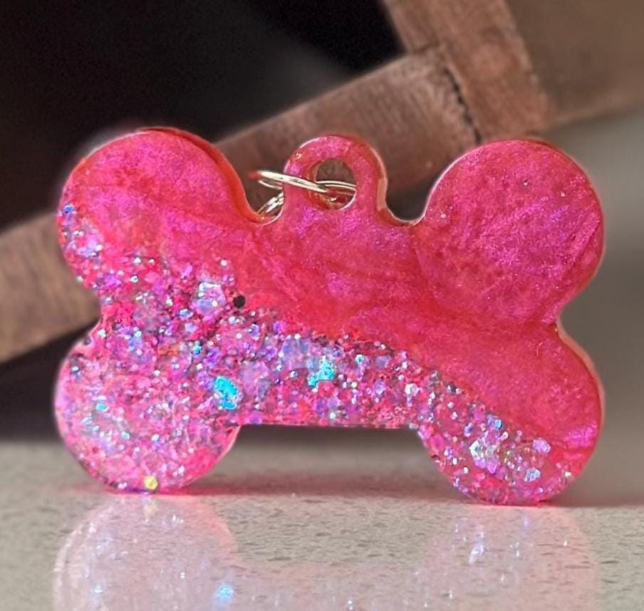 Custom Pink Iridescent Resin Dog Bone Name Tag - Sparkly Pet ID with Paw Cutout