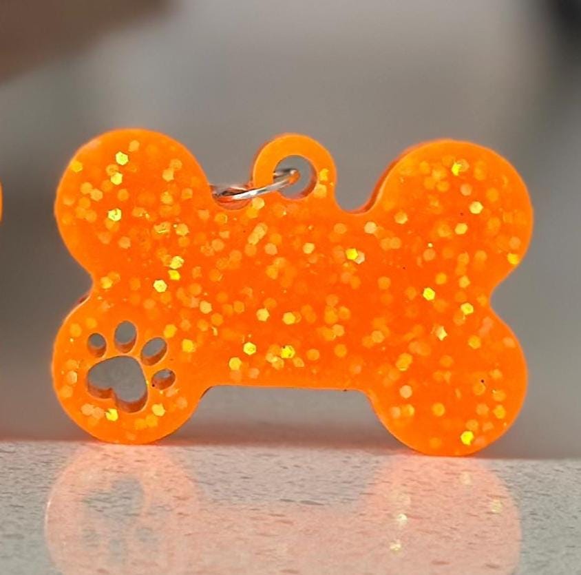 Custom Orange Glitter Resin Dog Bone Name Tag - Sparkly Pet ID with Paw Cutout