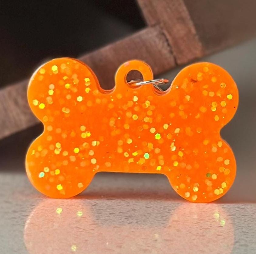 Custom Orange Glitter Resin Dog Bone Name Tag - Sparkly Pet ID with Paw Cutout