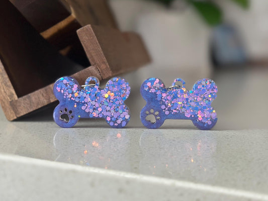 Custom Glitter Dog Bone ID Tag – Sparkly Pet Name Tag with Paw Cutout
