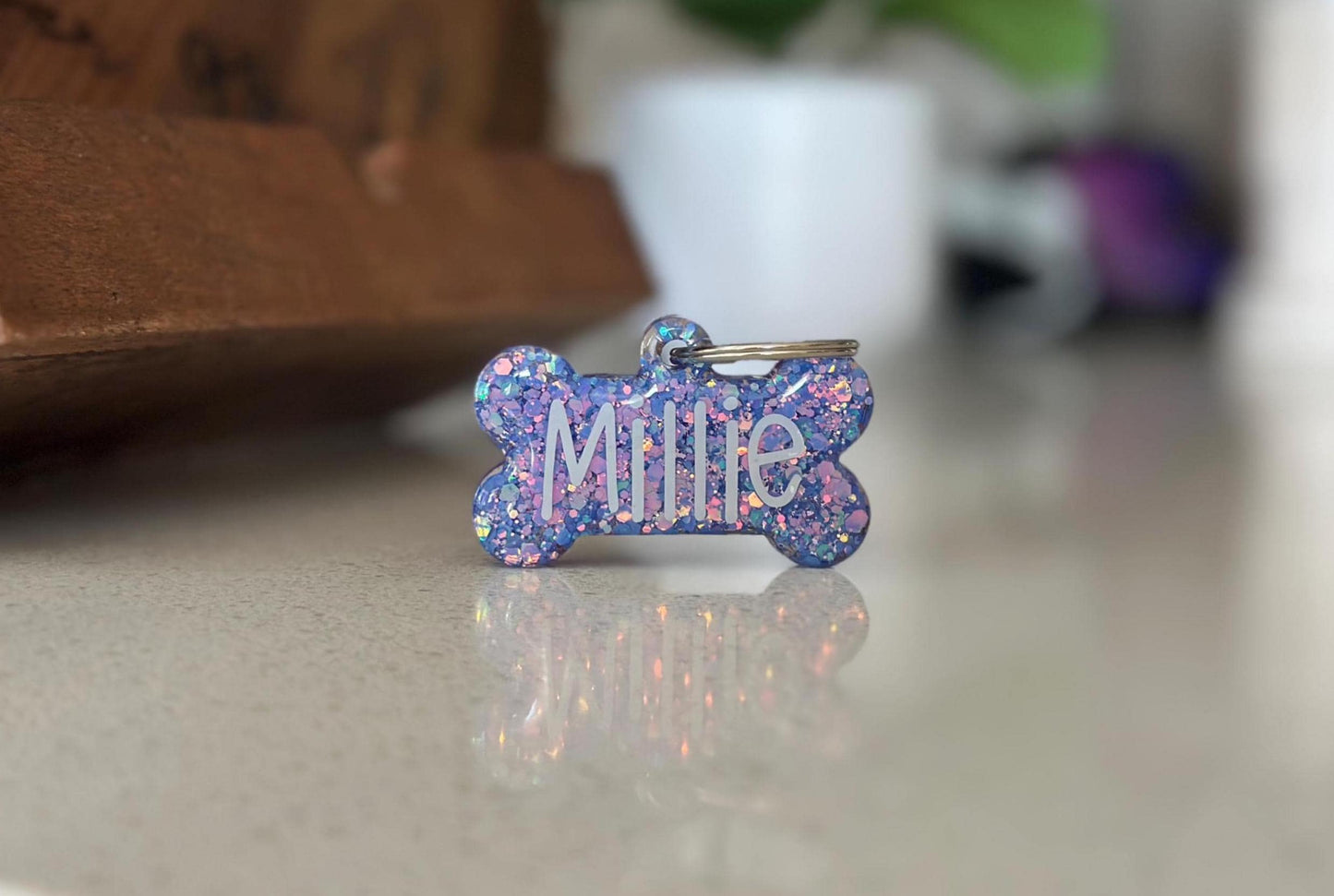 Custom Glitter Resin Dog Bone Name Tag - Sparkly Pet ID