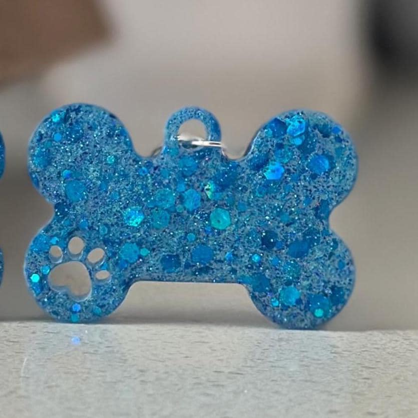 Custom Blue Glitter Resin Dog Bone Name Tag - Sparkly Pet ID with Paw Cutout
