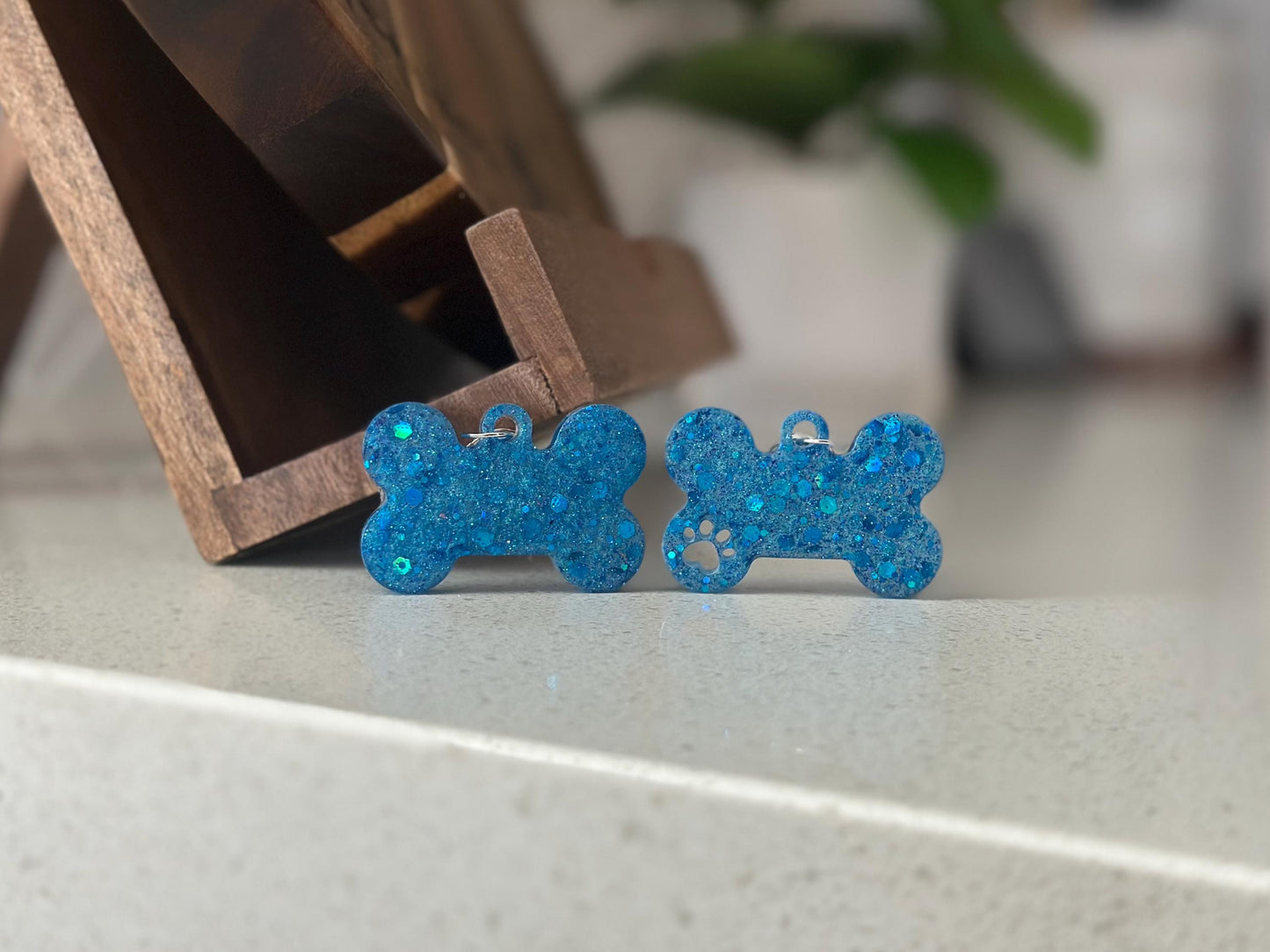 Custom Blue Glitter Resin Dog Bone Name Tag - Sparkly Pet ID with Paw Cutout