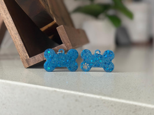 Custom Blue Glitter Resin Dog Bone Name Tag - Sparkly Pet ID with Paw Cutout