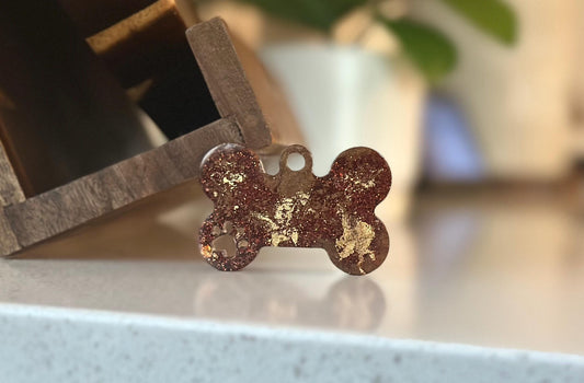 Luxury Resin Dog Bone Name Tag - Brown & Gold Foil Pet ID, Handmade, Personalize, Custom
