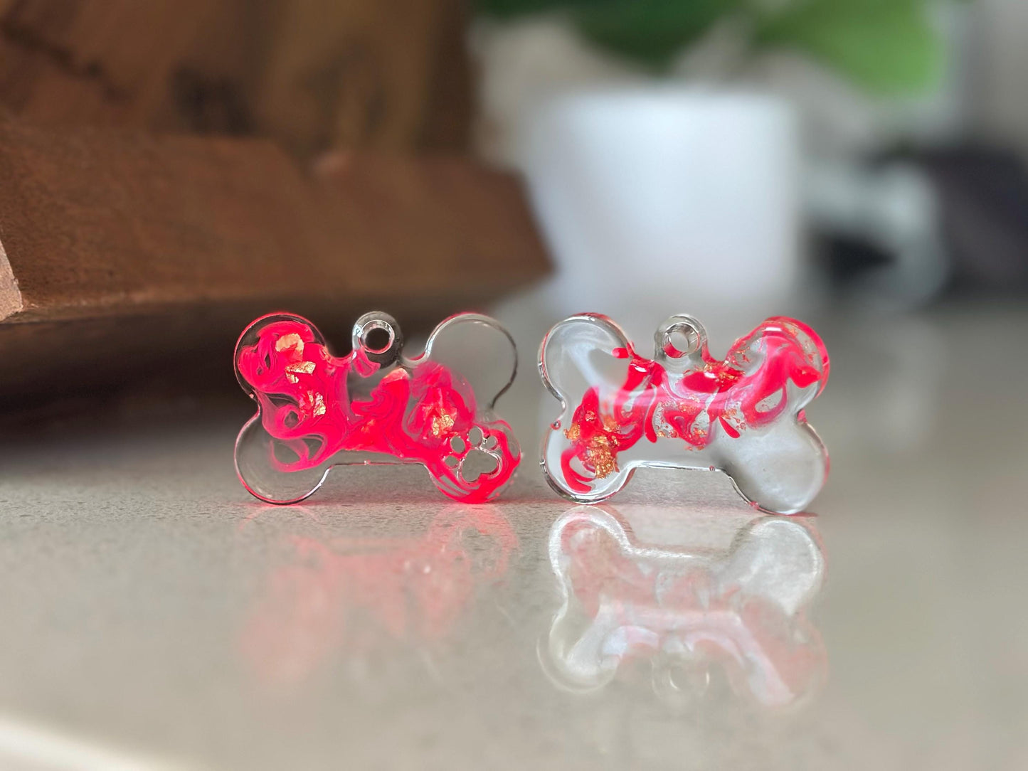 Custom Resin Dog Bone Pet Tag - Pink Swirls & Gold Flakes