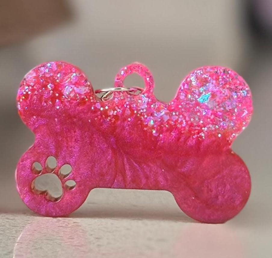 Custom Pink Iridescent Resin Dog Bone Name Tag - Sparkly Pet ID with Paw Cutout