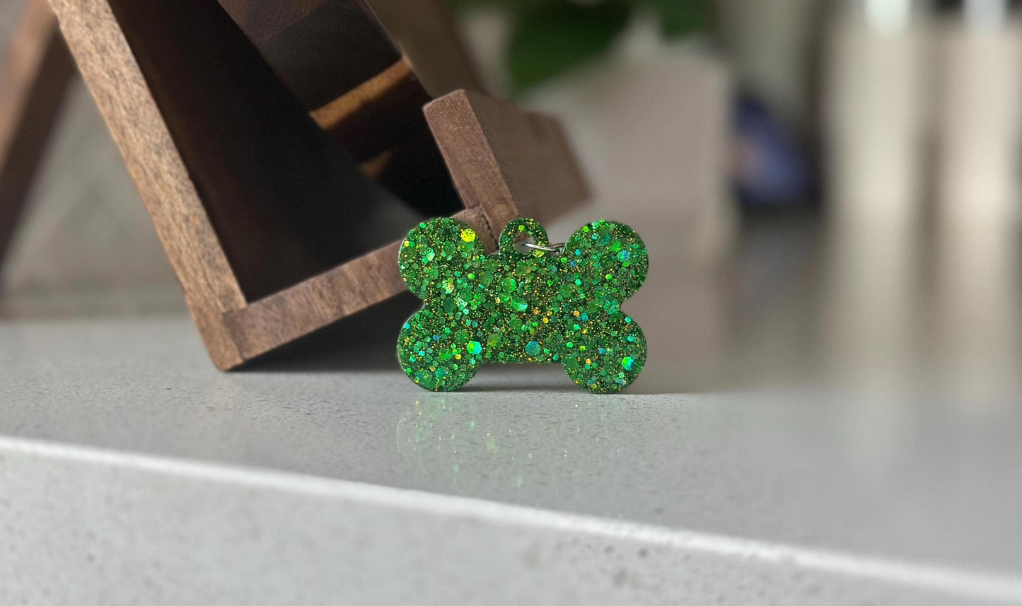 Custom Glitter Resin Dog Bone Name Tag - Sparkly Pet ID