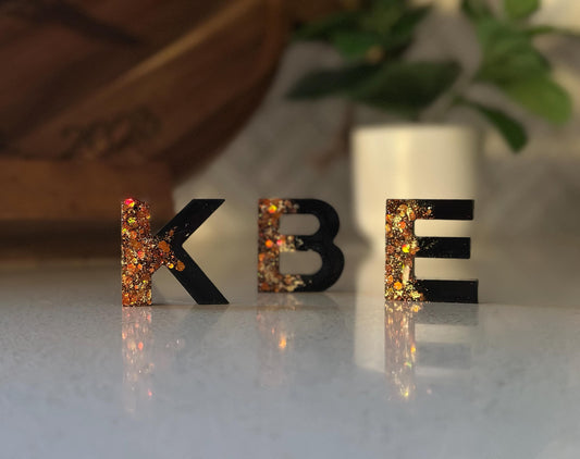 Handmade Resin Letter Keychain: Black & Gold Glitter Initial