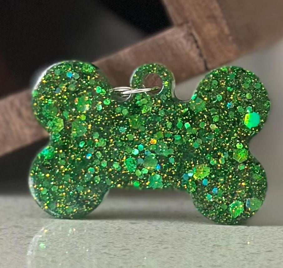 Custom Glitter Dog Bone ID Tag – Sparkly Green Pet Name Tag with Paw Cutout