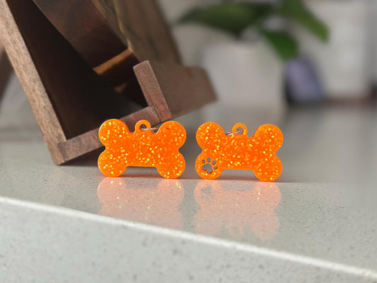 Custom Orange Glitter Resin Dog Bone Name Tag - Sparkly Pet ID with Paw Cutout