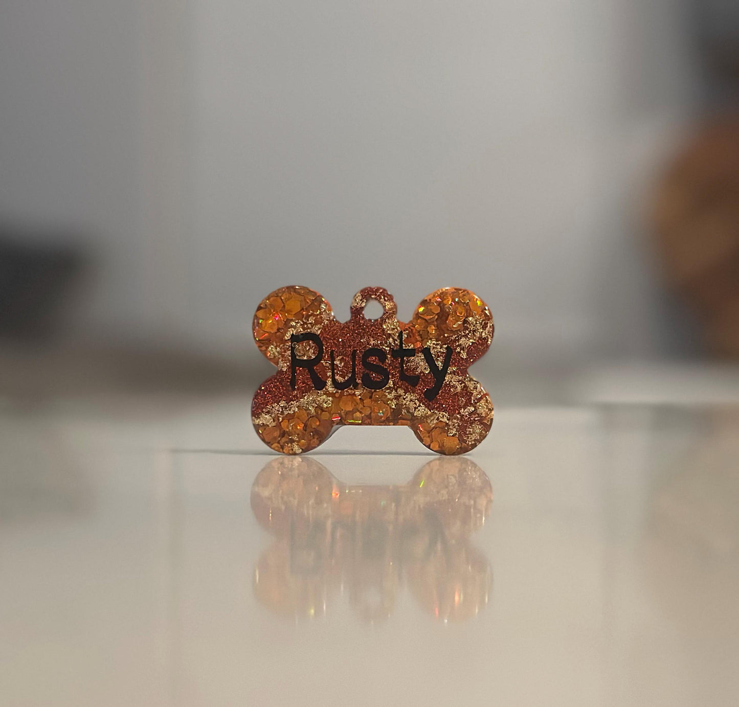 Custom Glitter Dog Bone ID Tag - Sparkly Orange Pet Name Tag - Rusty