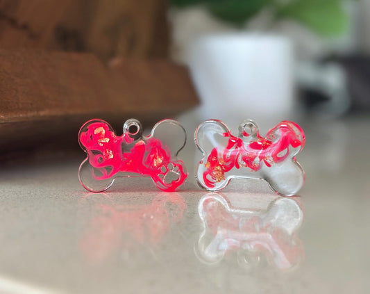 Custom Resin Dog Bone Pet Tag - Pink Swirls & Gold Flakes