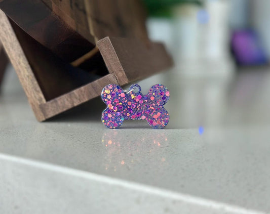 Purple & Pink Glitter Resin Dog Bone Tag – Personalized Pet ID Tag