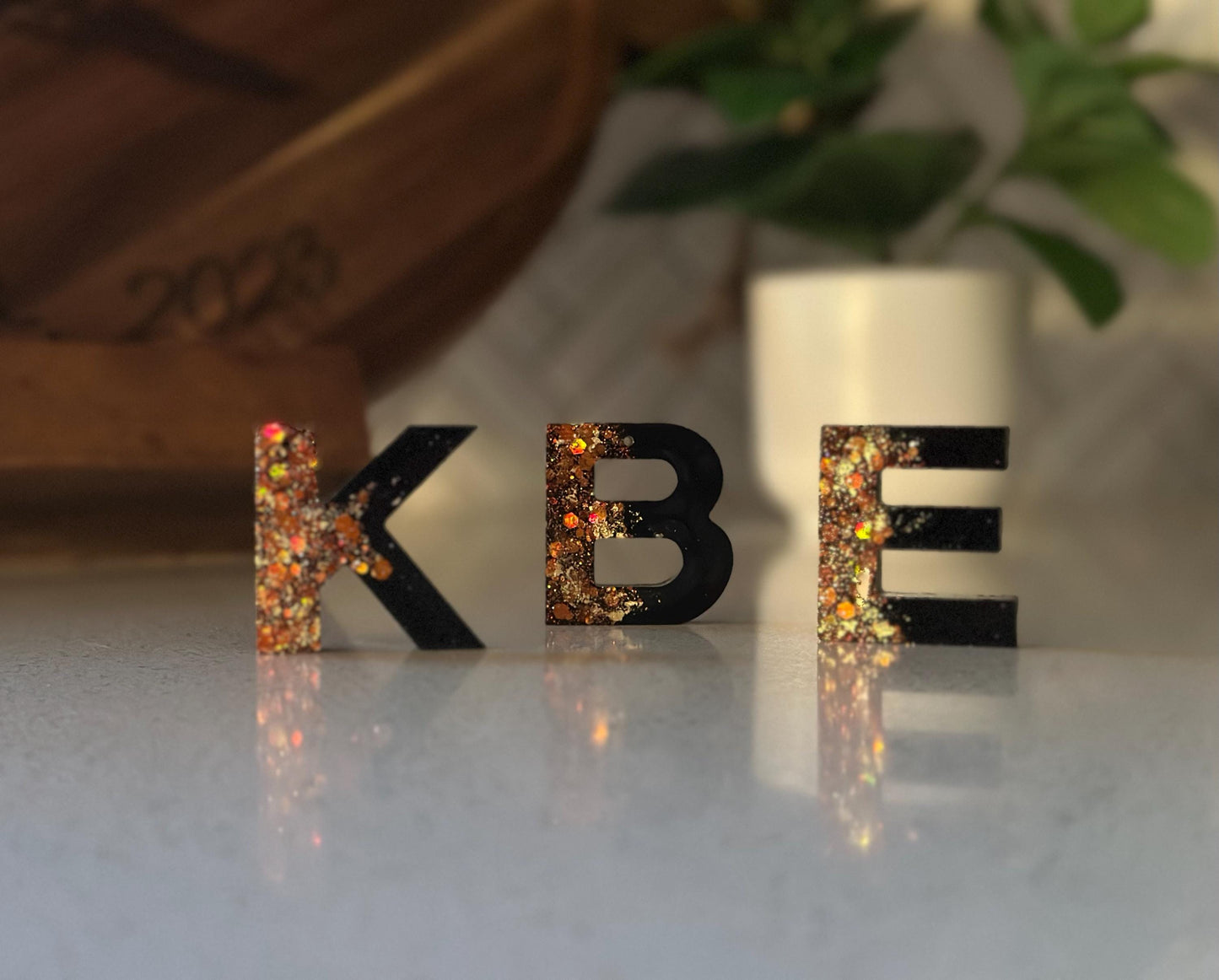 Handmade Resin Letter Keychain: Black & Gold Glitter Initial